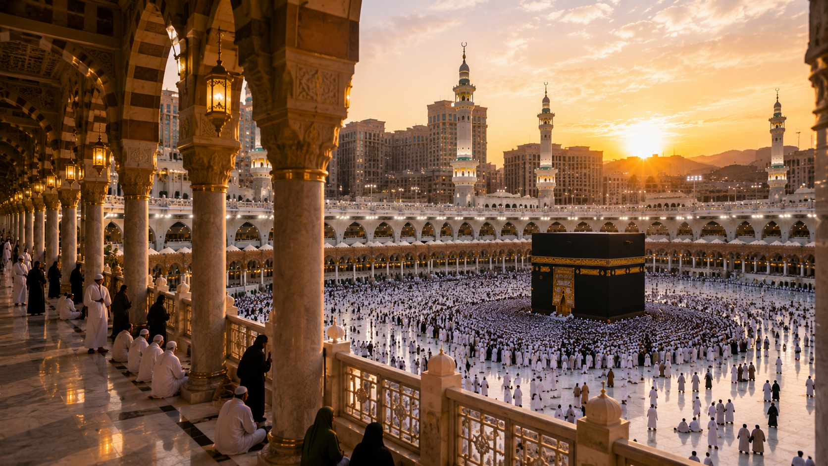 Vue du Masjid Al Haram au coucher du soleil pendant une Omra en août - Al Maqam Voyages