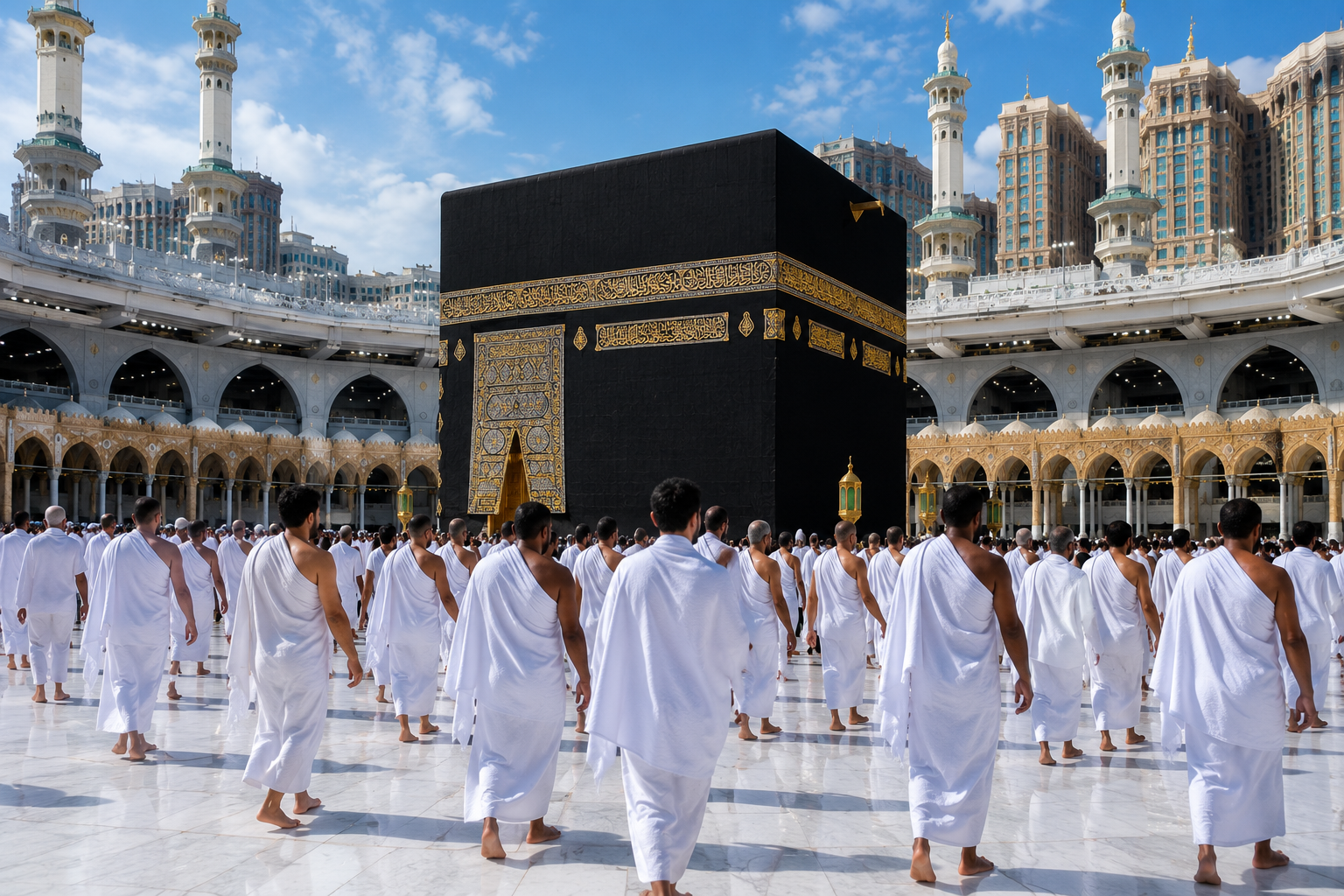 Pèlerins en ihram autour de la Kaaba pendant une Omra en septembre - Al Maqam Voyages